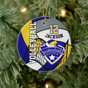 Blue, Yellow and Grey Personalise Volleyball Logo Ceramic Tree Decoration