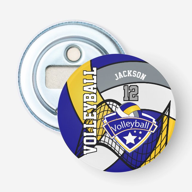 Blue, Yellow and Grey Volleyball Logo Bottle Opener (Front)
