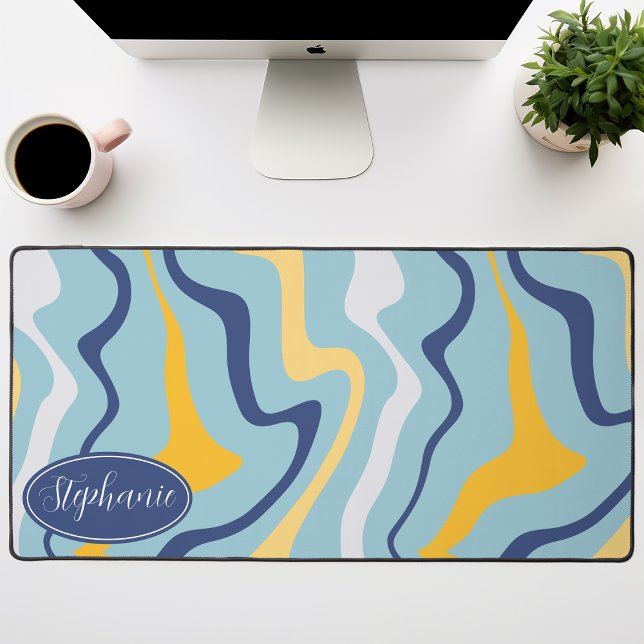 Blue, Yellow, and Navy Retro Groovy Waves Desk Mat (Creator Uploaded)