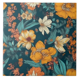 Blue, yellow and orange pretty floral tile