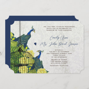 Blue Yellow and Silver Peacock Birdcage Invite