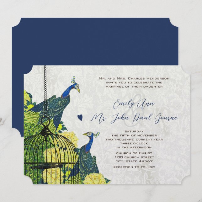 Blue Yellow and Silver Peacock Birdcage Invite (Front/Back)