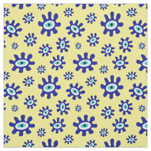 Blue, Yellow and White Abstract Eye Pattern Fabric