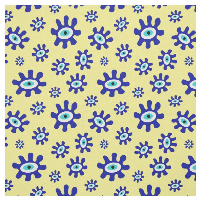 Blue, Yellow and White Abstract Eye Pattern Fabric (Swatch)