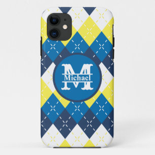 Blue, Yellow, and White Argyle Personalise iPhone 11 Case