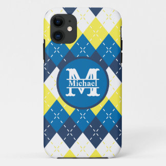 Blue, Yellow, and White Argyle Personalise iPhone 11 Case