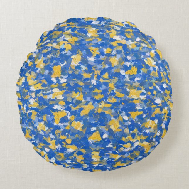 Blue, Yellow and White Paint Splashes  Round Cushion (Front)