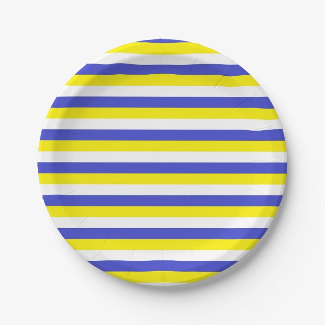 Blue, Yellow and White Stripes Paper Plate (Front)