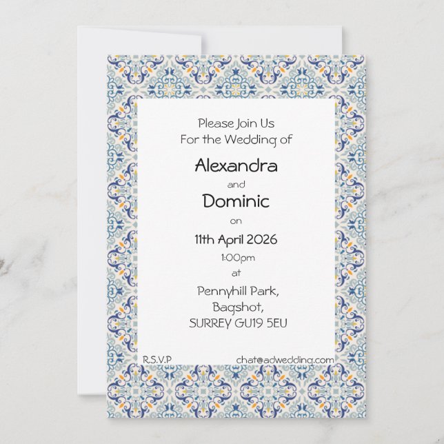 Blue, yellow and white tile border invitation (Front)
