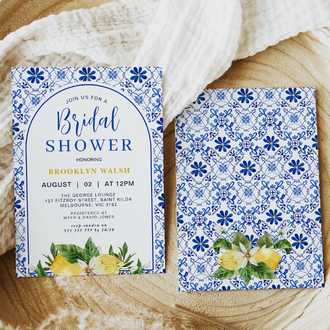 Blue Yellow Arch Lemon Bridal Shower  Invitation (Mediterranean blue and yellow tile and lemons bridal shower invitation template easy to edit. )