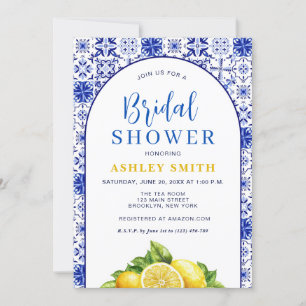 Blue Yellow Arch Lemon Mediterranean Bridal Shower Invitation