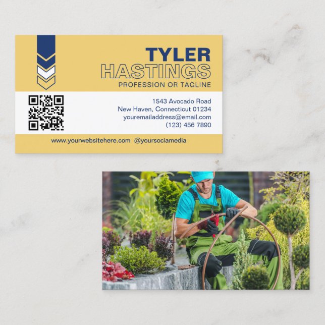 Blue Yellow Arrows QR Code Photo Template Business Card (Front/Back)