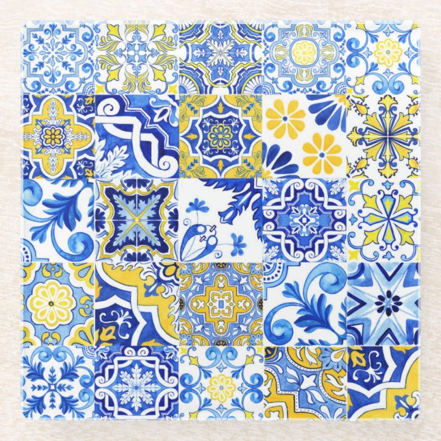 Blue & Yellow Azulejo Portuguese Majolica Mosaic Glass Coaster (Front)