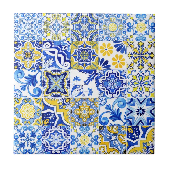 Blue & Yellow Azulejo Portuguese Majolica Mosaic Tile (Front)