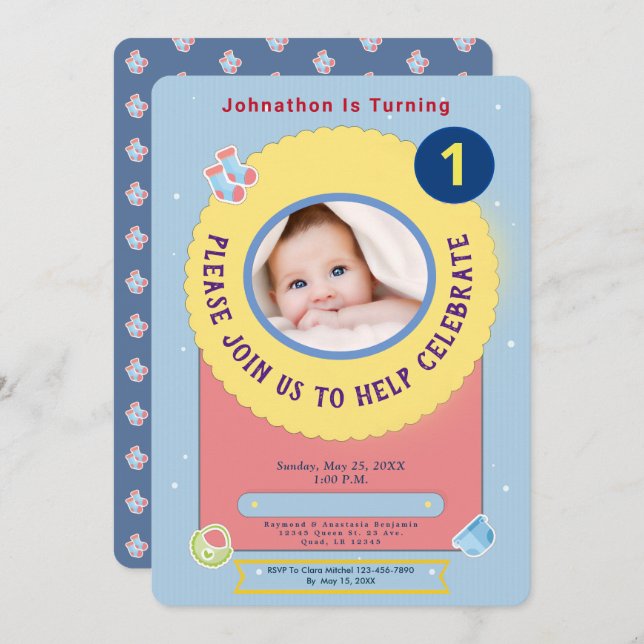 Blue Yellow Baby First Birthday Party Personalise Invitation (Front/Back)