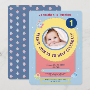 Blue Yellow Baby First Birthday Party Personalise Invitation