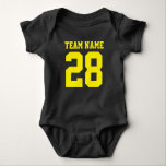 Blue Yellow Baby Football Jersey Sports Romper Baby Bodysuit<br><div class="desc">Cute football jersey bodysuit for baby. Mum and dad love sports. It's only natural the baby should too. Cute baby bodysuit in navy blue and yellow. You can customise the name and player number on the front and back of the jersey. Not just for football fans. Any type of sports...</div>