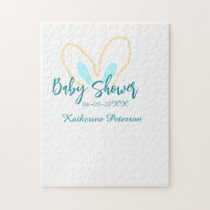 Blue yellow baby shower name date animal ear cute  jigsaw puzzle