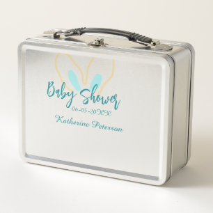 Blue yellow baby shower name date animal ear cute metal lunch box