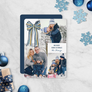 Blue Yellow Big Striped Bow Merry Christmas Photo Holiday Card