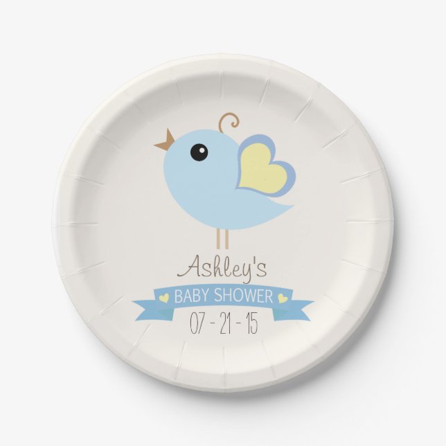 Blue & Yellow Bird Baby Shower Paper Plate (Front)