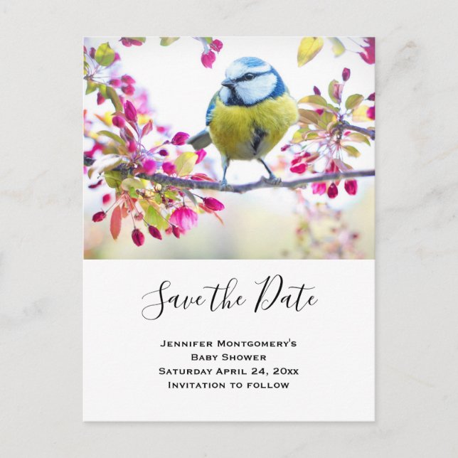 Blue & Yellow Bird Photo Save the Date Invitation Postcard (Front)