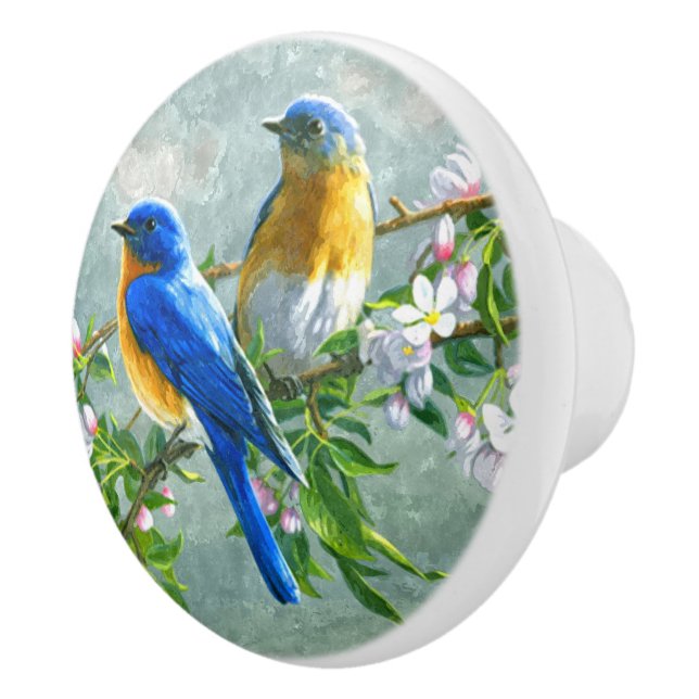 Blue Yellow Birds Cherry Blossom Tree Painting Ceramic Knob (Right)