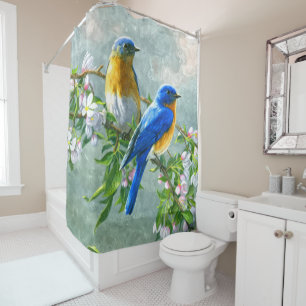 Blue Yellow Birds Cherry Blossom Tree Painting Shower Curtain