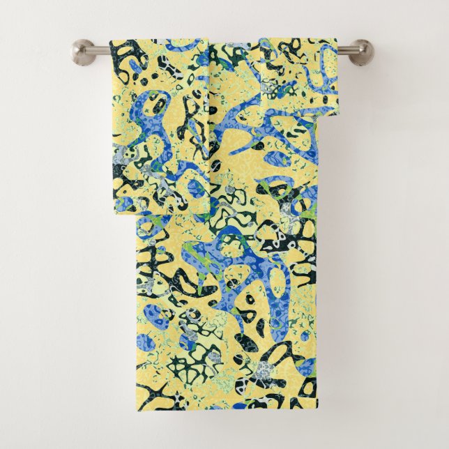 Blue Yellow Black Spotted Graphic Abstraction Bath Towel Set (Insitu)