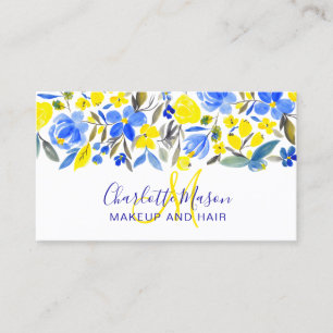 Blue yellow blooms trendy floral watercolor makeup business card