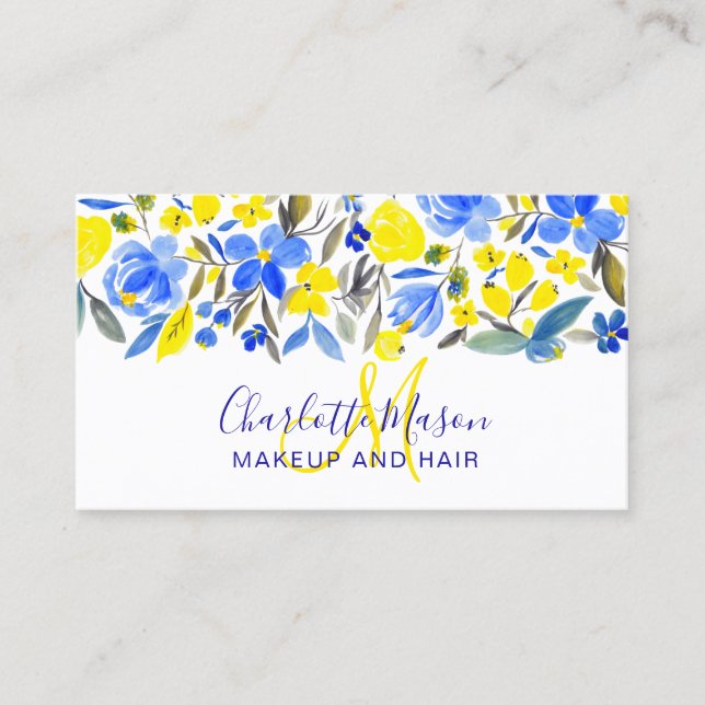 Blue yellow blooms trendy floral watercolor makeup business card (Front)