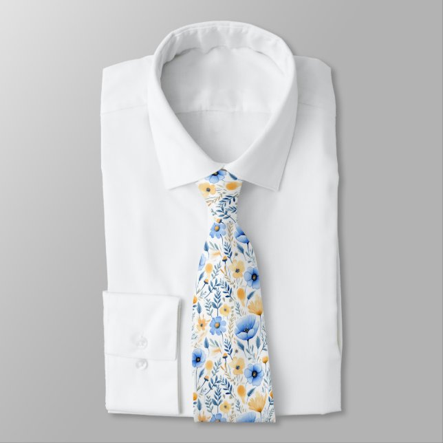 Blue Yellow Boho Floral Groomsmen Groom Wedding  Tie (Tied)