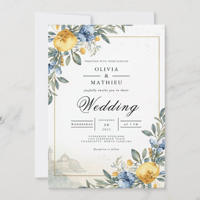 Blue Yellow Botanical Arch Wedding Invitation (Front)