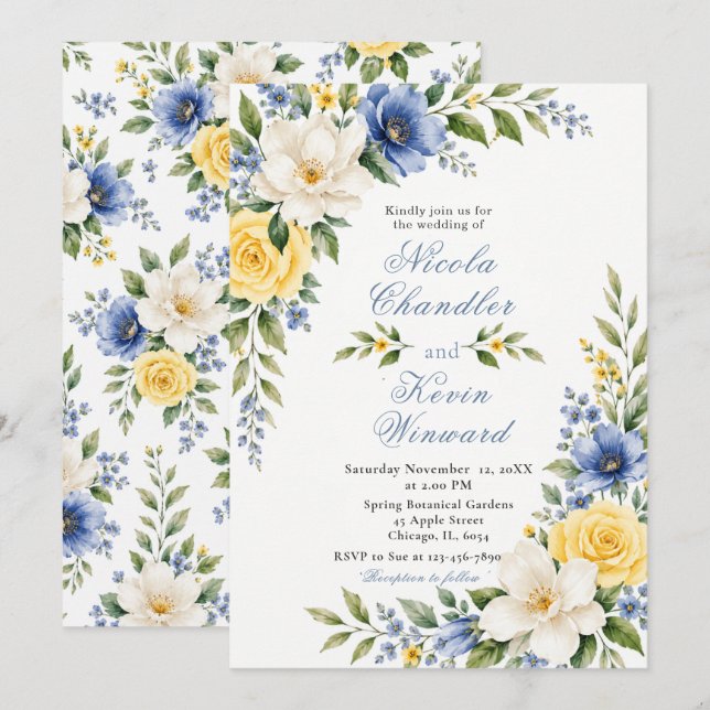 Blue Yellow Botanical Wedding Invitation (Front/Back)