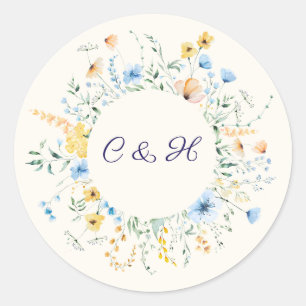Blue & Yellow Botanical Wedding Monogram Sticker