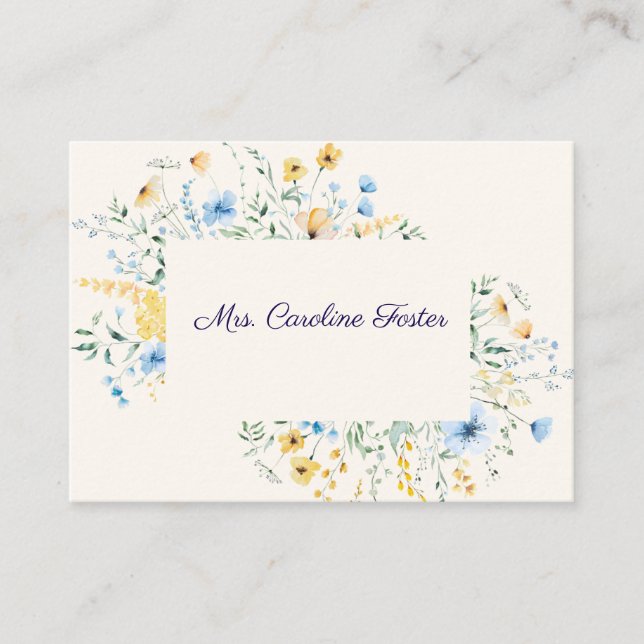 Blue & Yellow Botanical Wedding Place Card (Front)