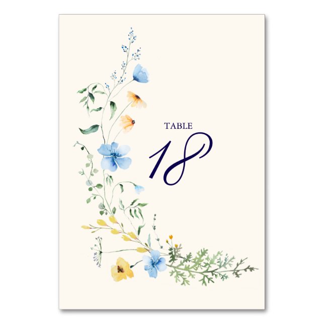Blue & Yellow Botanical Wedding Table Number (Front)