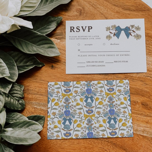 Blue Yellow Bow Floral Wedding RSVP Meal Choice  (Creator Uploaded)