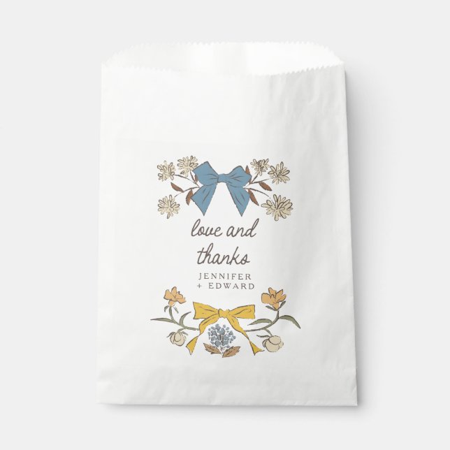 Blue Yellow Bows and Blossoms Boho Wedding Favour Bags (Front)