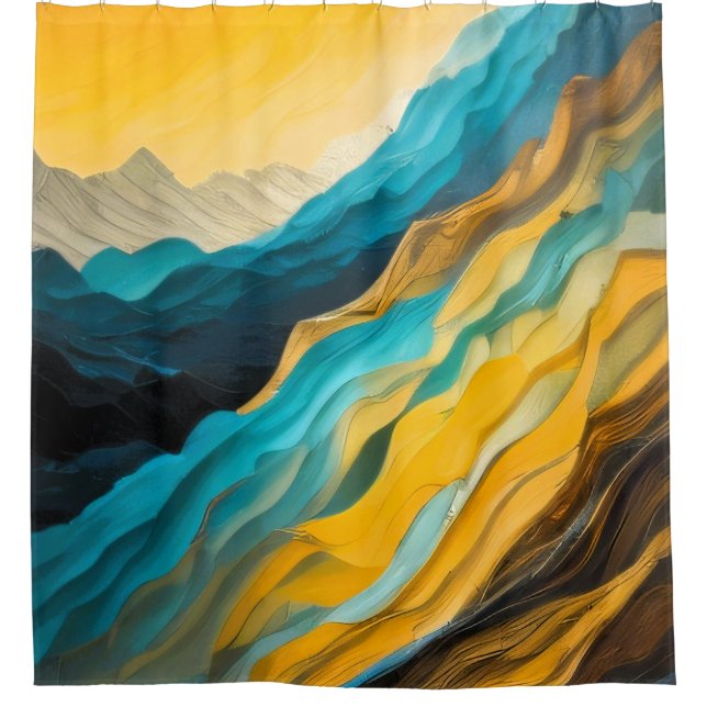 Blue Yellow Brown Abstract Landscape Shower Curtain (Front)