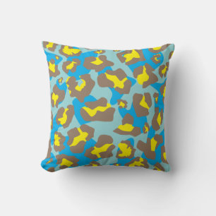 Blue, yellow, brown leopard animal print pattern cushion