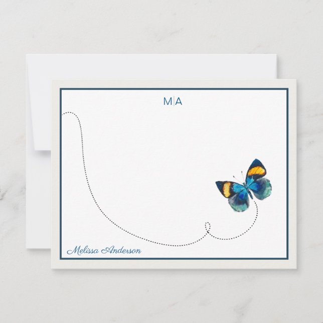 Blue Yellow Butterfly in Flight Monogram Name Card (Front)