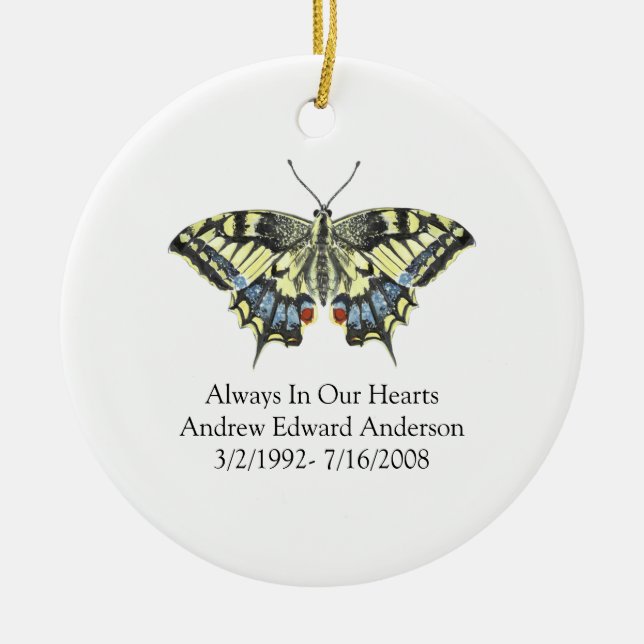 Blue Yellow Butterfly Memorial Keepsake Ceramic Tree Decoration (Front)