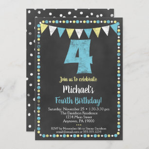 Blue Yellow Chalkboard 4th Birthday Invitation