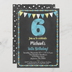 Blue Yellow Chalkboard 6th Birthday Invitation