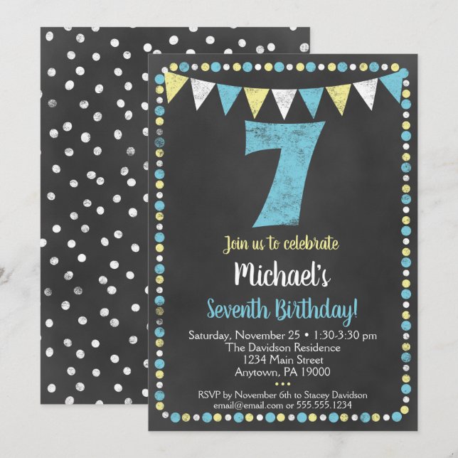 Blue Yellow Chalkboard 7th Birthday Invitation (Front/Back)