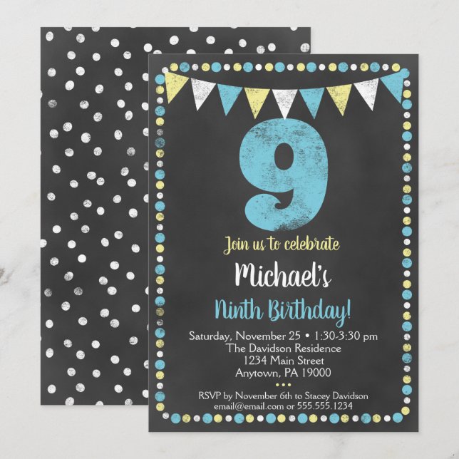 Blue Yellow Chalkboard 9th Birthday Invitation (Front/Back)