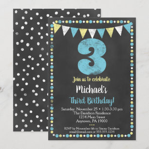 Blue Yellow Chalkboard Third Birthday Invitation