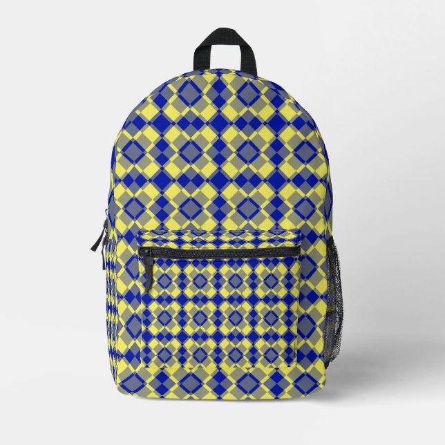 Blue Yellow Checker Argyle Pattern Printed Backpack (Front)