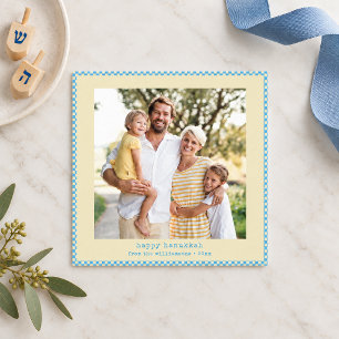 Blue Yellow Chequerboard Photo Happy Hanukkah Holiday Card